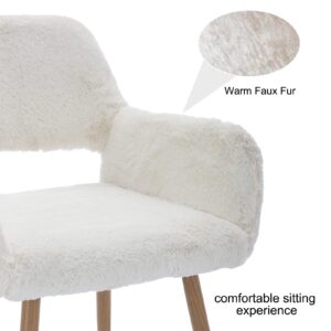 Modern Faux Fur Home Office Chair, Fluffy Chair Makeup Vanity Chair for Girl Teen Girls, Desk Chair with Armrest, Dining Chair Cute Armchair with Wood Finish Metal Legs, White