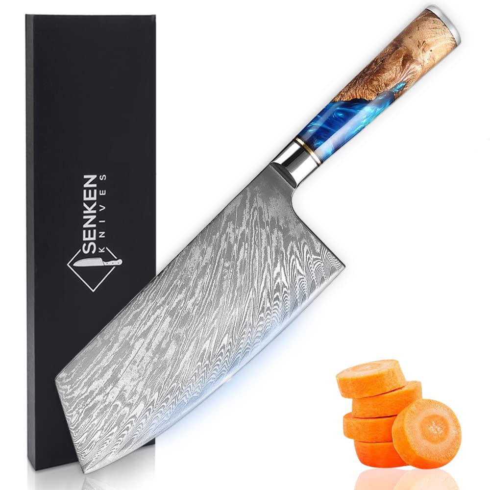 SENKEN Damascus Steel Cleaver Knife - Tsunami Collection - 67-Layer Japanese VG10 Steel - Unique Blue Resin & Natural Wood Handle, Razor Sharp, Beautiful Damascus Wave Pattern (7.5" Cleaver Knife)