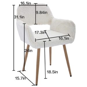 Modern Faux Fur Home Office Chair, Fluffy Chair Makeup Vanity Chair for Girl Teen Girls, Desk Chair with Armrest, Dining Chair Cute Armchair with Wood Finish Metal Legs, White