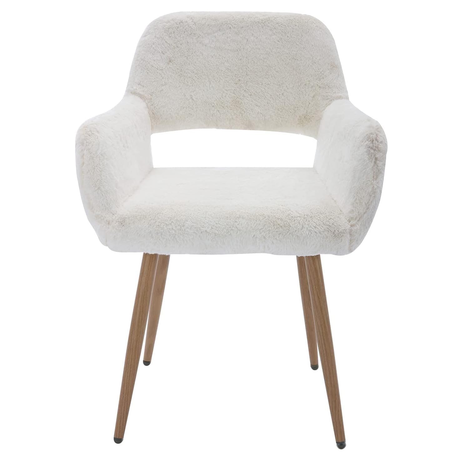 Modern Faux Fur Home Office Chair, Fluffy Chair Makeup Vanity Chair for Girl Teen Girls, Desk Chair with Armrest, Dining Chair Cute Armchair with Wood Finish Metal Legs, White