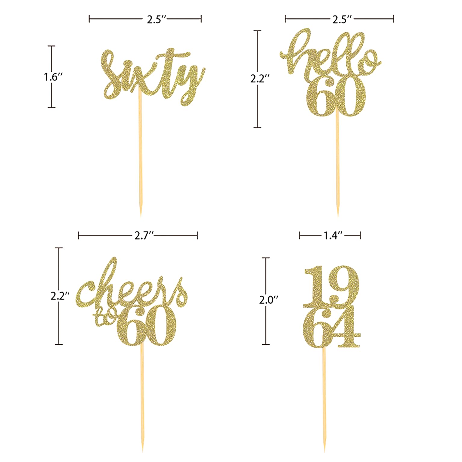 24 Pcs Glitter 60th Birthday Cupcake Toppers for Celebrating Sixty Years Old Birthday Party Decorations (Gold)