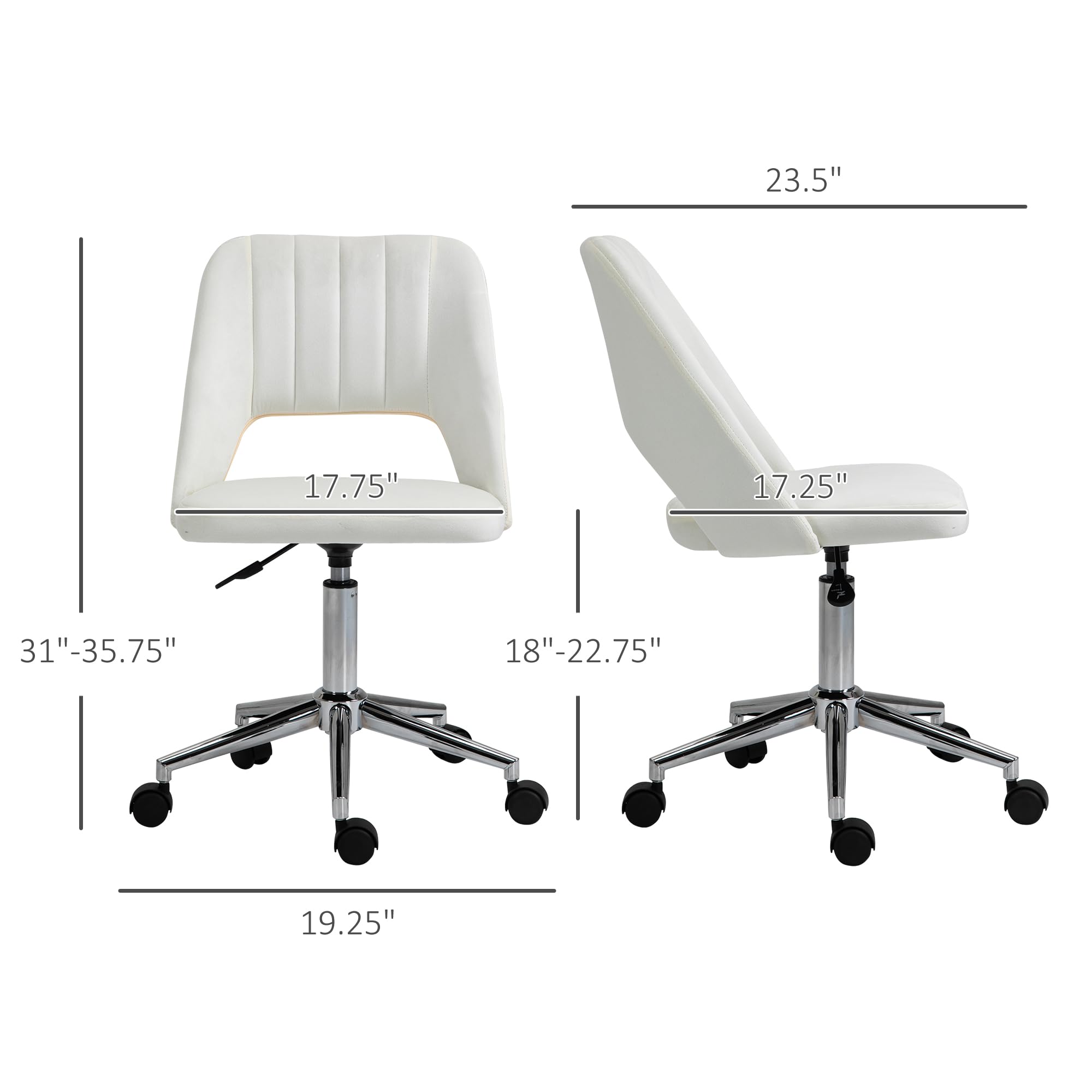 Vinsetto Modern Mid Back Office Chair with Velvet Fabric, Swivel Computer Armless Desk Chair with Hollow Back Design for Home Office, Cream White