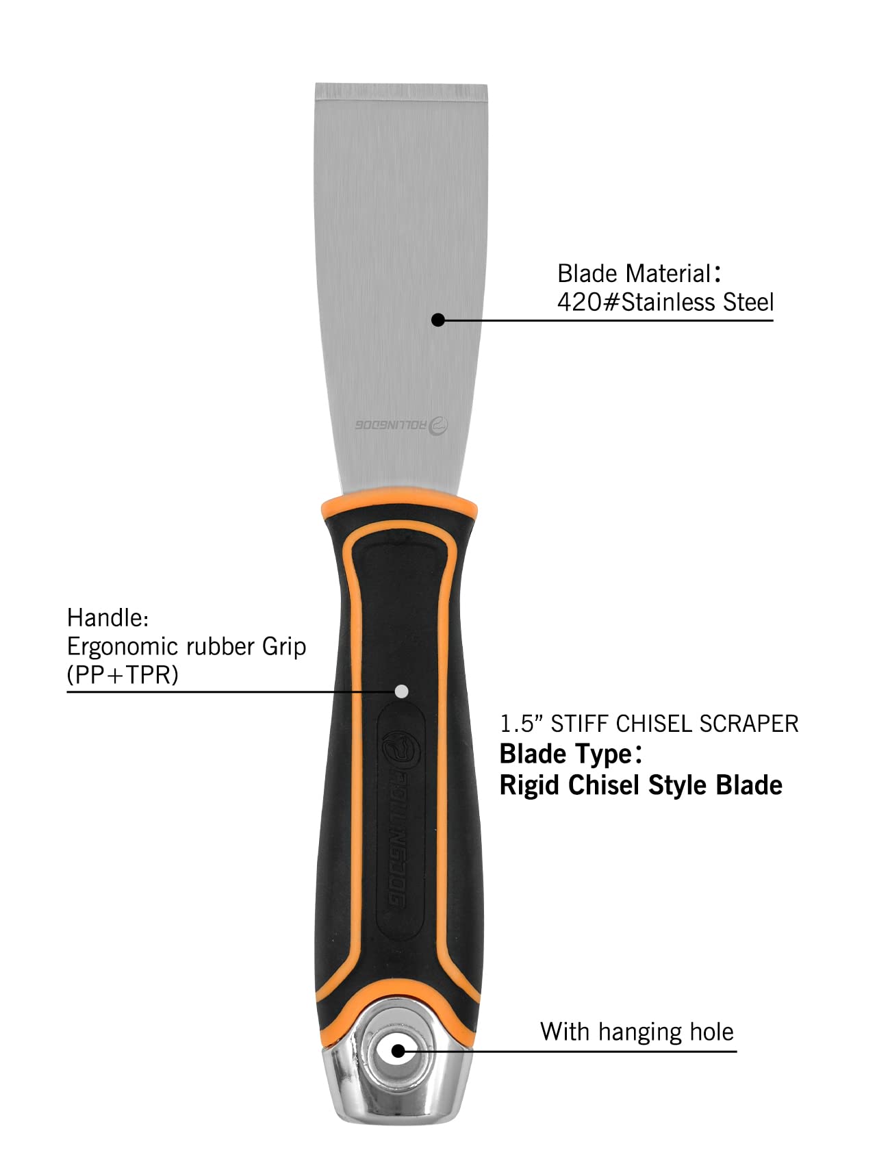 ROLLINGDOG 1.5 Inch Stiff Putty Knife - Stainless Steel Chisel Paint Scraper Tool for Wallpaper Stripping