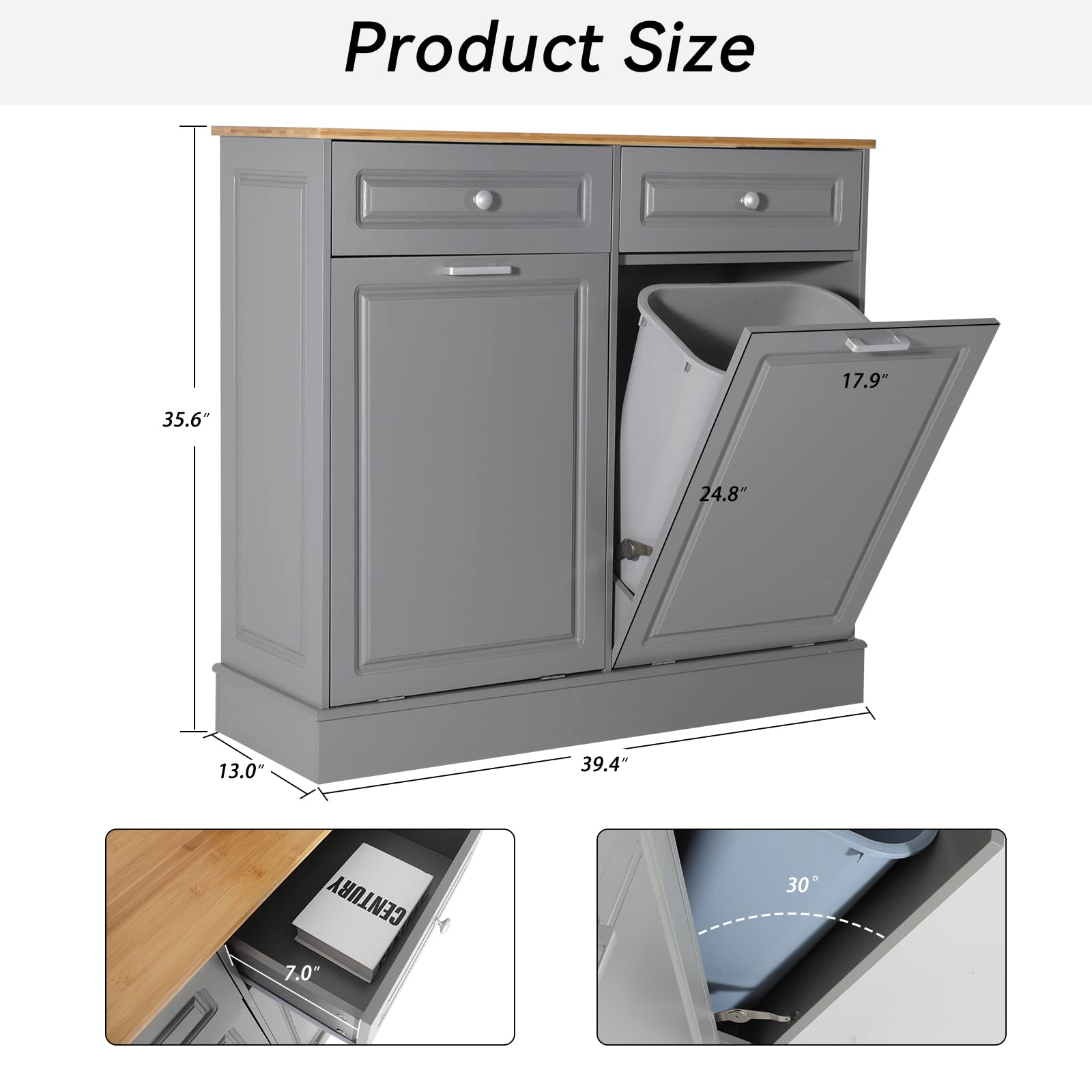 UEV Double Kitchen Trash Cabinets,Two Tilt Out Trash Cabinets with Solid Hideaway Drawers,Free Standing Wooden Kitchen Trash Can Recycling Cabinet Trash Can Holder (Grey)