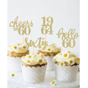 24 Pcs Glitter 60th Birthday Cupcake Toppers for Celebrating Sixty Years Old Birthday Party Decorations (Gold)