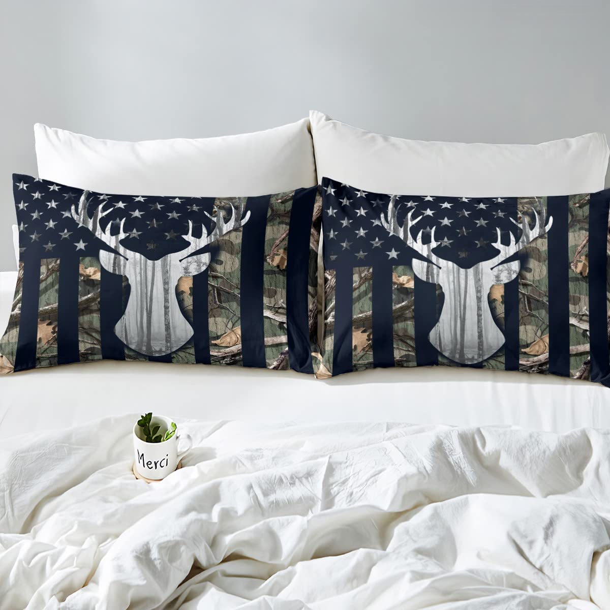 Camouflage USA Flag Fitted Sheet Set Full Size 4 Pcs,Green Camo Grey Deer Antlers and Trees Bedding Set(1 Fitted,1 Flat,2 Pillowcases),American Flag Luxury Deep Pocket Bed Sheets for Girls Teens