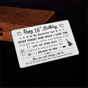 FALOGIJE 18th Birthday Card Gifts for Son, Birthday Gifts for 18 Year Old Son, Engraved Metal Wallet Card