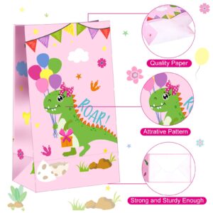 24 Pieces Dinosaur Party Bags Dino Candy Favor Bags with Stickers Pink Goodie Treat Gift Bags for Kids Girls Dinosaur Birthday Party Supplies Decorations