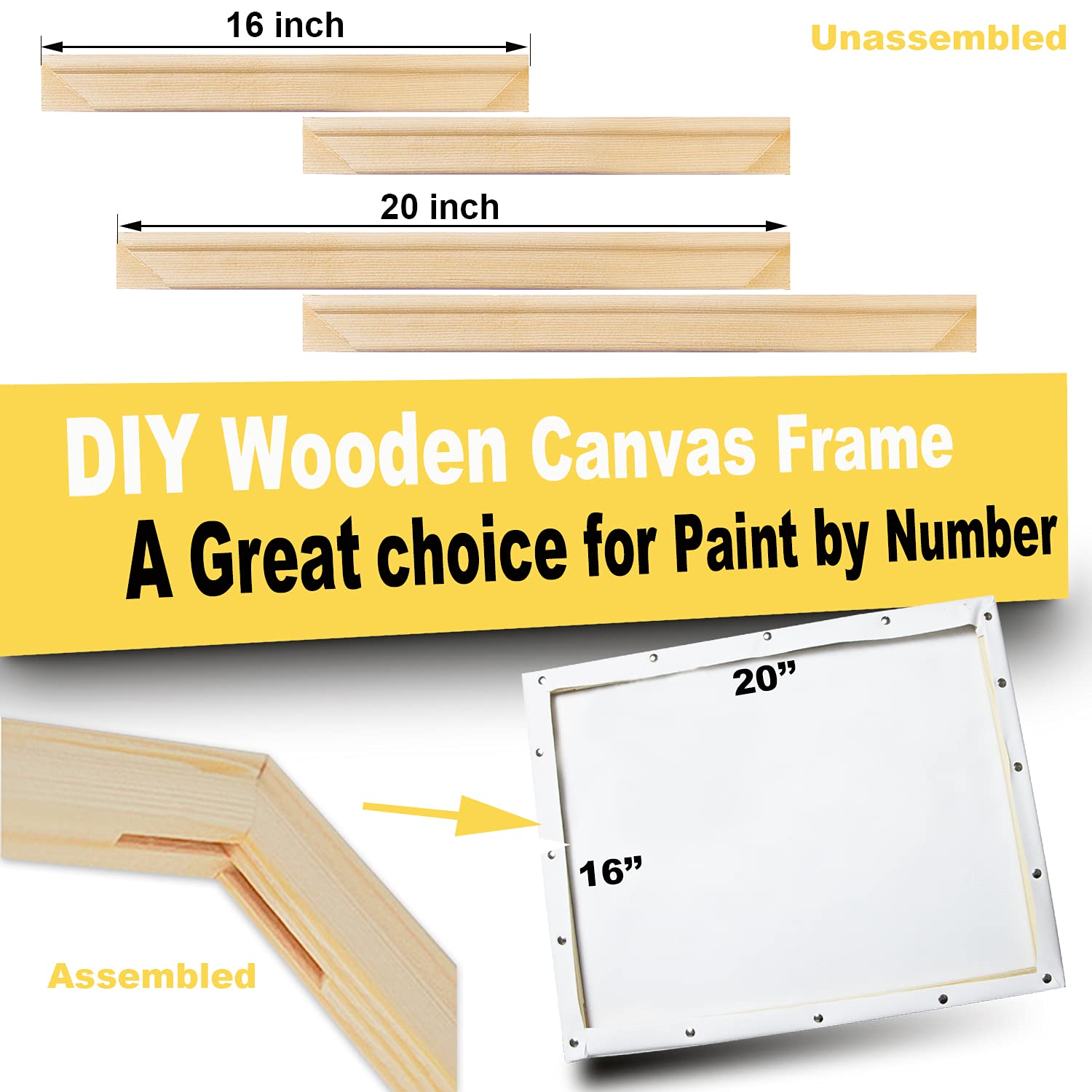 ECOIOU DIY Canvas Stretcher Bars 16x20 Inch Canvas Frame, Sturdy Stretcher Frames for Oil Paintings, Prints, Paint by Numbers & Posters(Need Extra Size to wrap Around The Frame)