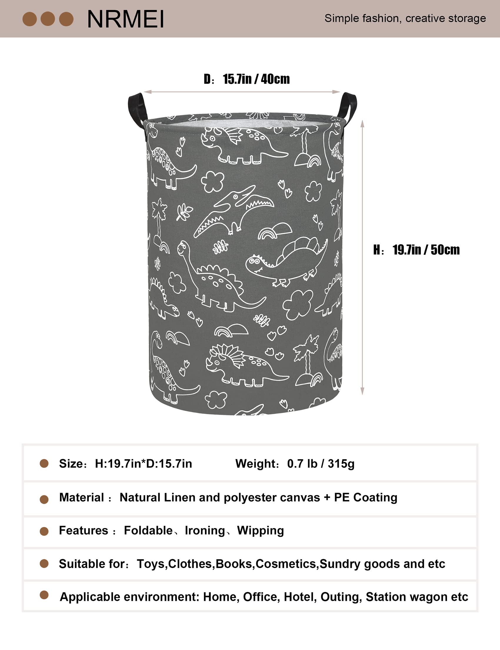 NRMEI Round Storage Basket Laundry Basket Foldable Waterproof Coating Nursery Hamper for Living Room Bedroom and Clothes Toys(Round Line Dinosaur),19.7inchH x 15.7inchD inches