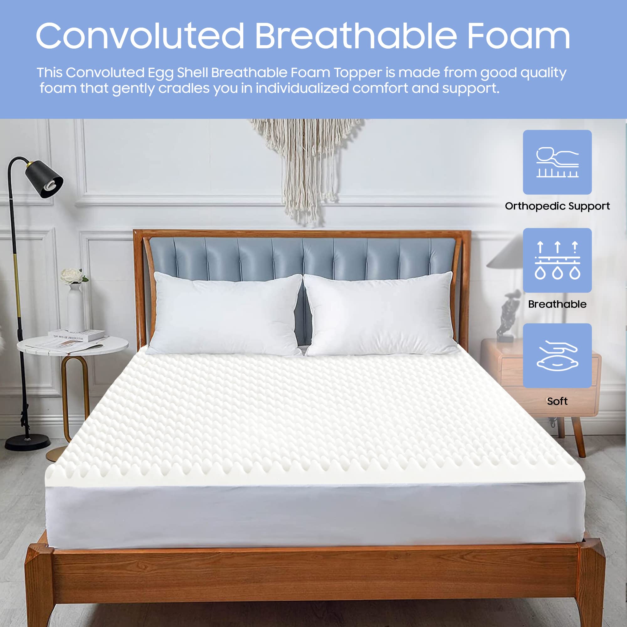 Greaton Breathable 1-inch Convoluted Egg Shell Foam Mattress Topper | Toppers for Mattresses Adds Ultimate Comfort, Reduces Back Pain, Perfect Body Support, Maintain Proper Posture, Full, White