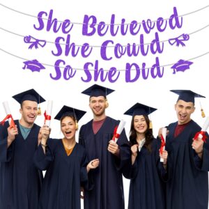 Purple Glitter She Believed She Could So She Did Banner, Class of 2024/So Proud of You/She Did It, 2024 Congrats Grad Graduation Party Decorations