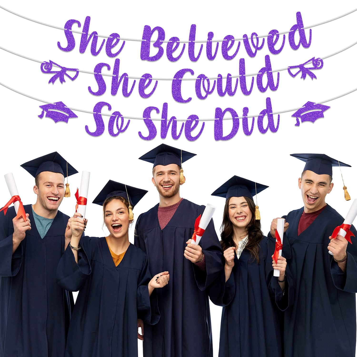 Purple Glitter She Believed She Could So She Did Banner, Class of 2024/So Proud of You/She Did It, 2024 Congrats Grad Graduation Party Decorations