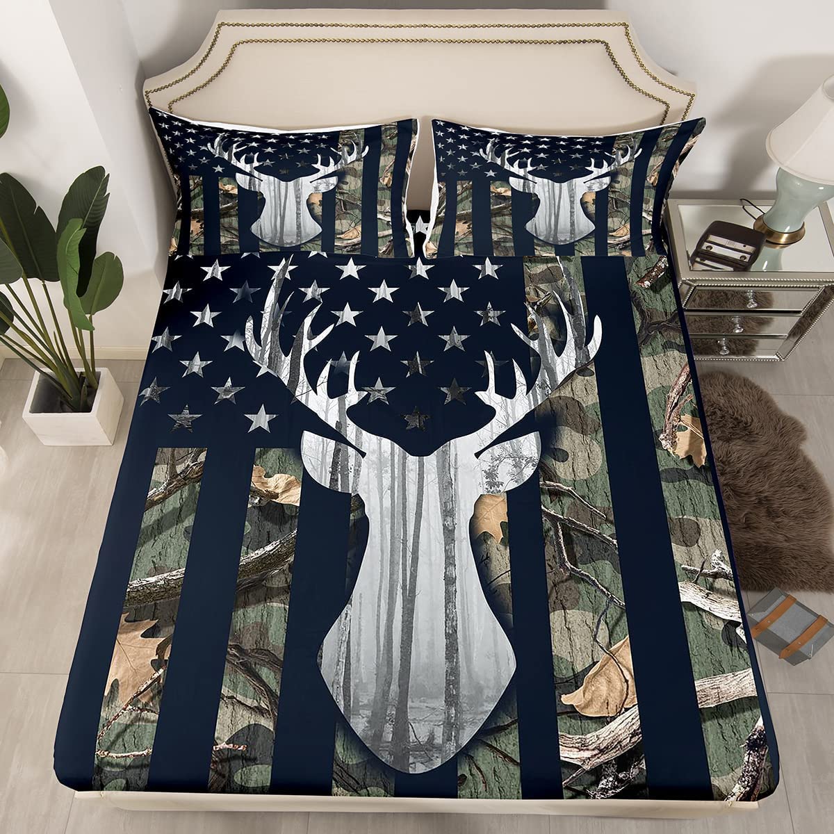 Camouflage USA Flag Fitted Sheet Set Full Size 4 Pcs,Green Camo Grey Deer Antlers and Trees Bedding Set(1 Fitted,1 Flat,2 Pillowcases),American Flag Luxury Deep Pocket Bed Sheets for Girls Teens