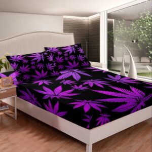 Feelyou Marijuana Leaf Bed Sheets Weed Leaf Botanical Sheet Set for Kids Men Women Adults Cannabis Leaves Bed Set Luxury Puple Hemp Sheets Room Decor 4Pcs Queen Size