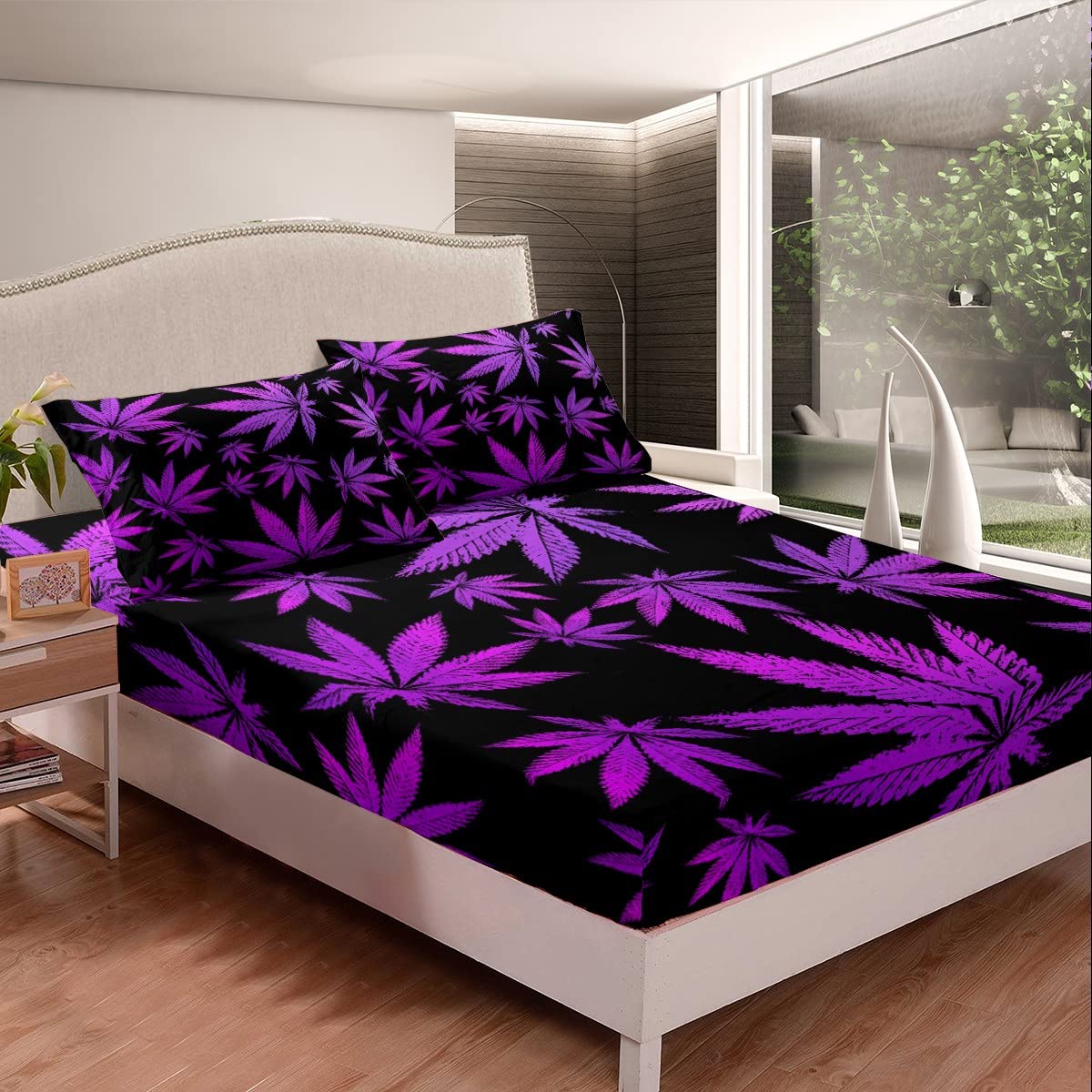 Feelyou Marijuana Leaf Bed Sheets Weed Leaf Botanical Sheet Set for Kids Men Women Adults Cannabis Leaves Bed Set Luxury Puple Hemp Sheets Room Decor 4Pcs Queen Size