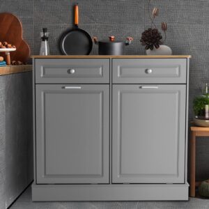 uev double kitchen trash cabinets,two tilt out trash cabinets with solid hideaway drawers,free standing wooden kitchen trash can recycling cabinet trash can holder (grey)