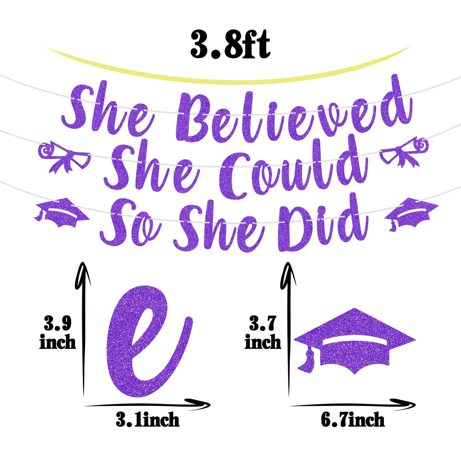 Purple Glitter She Believed She Could So She Did Banner, Class of 2024/So Proud of You/She Did It, 2024 Congrats Grad Graduation Party Decorations