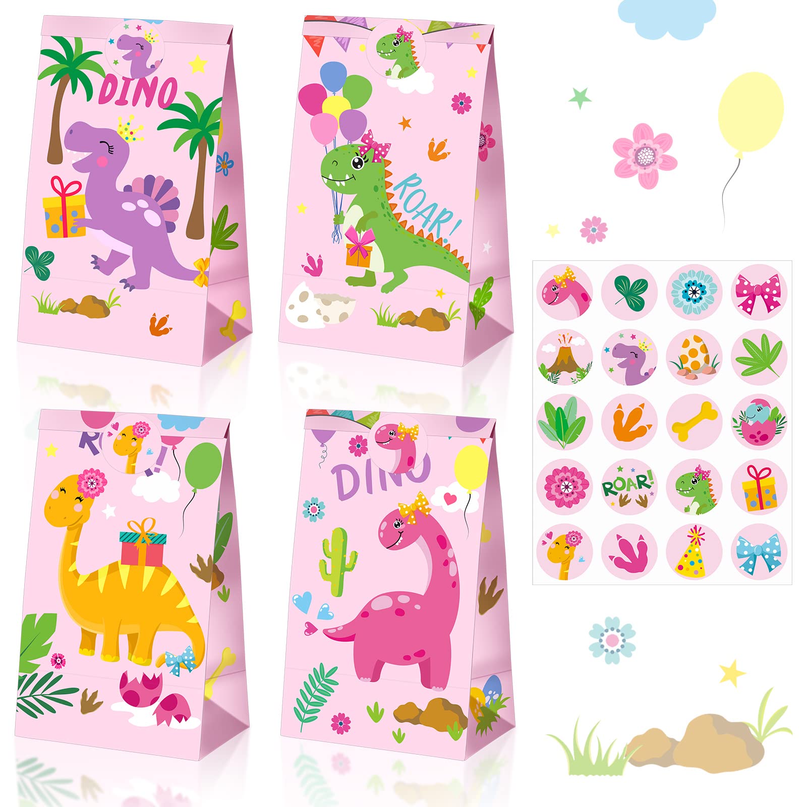 24 Pieces Dinosaur Party Bags Dino Candy Favor Bags with Stickers Pink Goodie Treat Gift Bags for Kids Girls Dinosaur Birthday Party Supplies Decorations