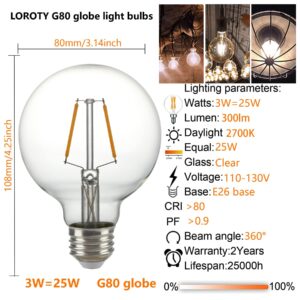 Globe Led Light Bulbs 3W 2700K 25 Watt Equivalent, E26 Dimmable Warm White 300LM High Brightness Round Vanity Light Bulbs, G25 Vintage Bulbs, G80 Clear Edison Bulbs for Bathroom Mirror,Ceiling Fans