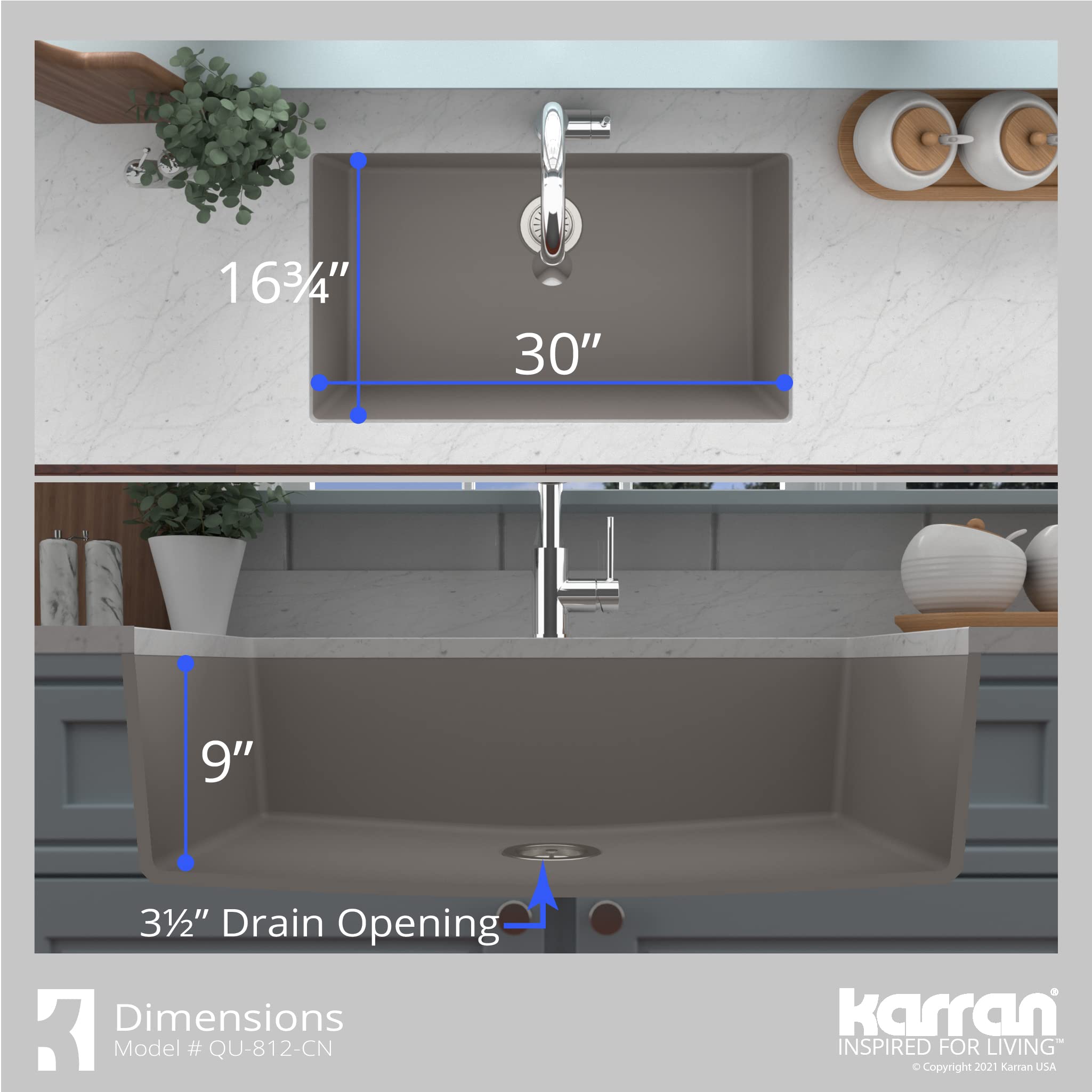 Karran QU-812 Undermount 32.5 in. Large Single Bowl Quartz Kitchen Sink in Concrete