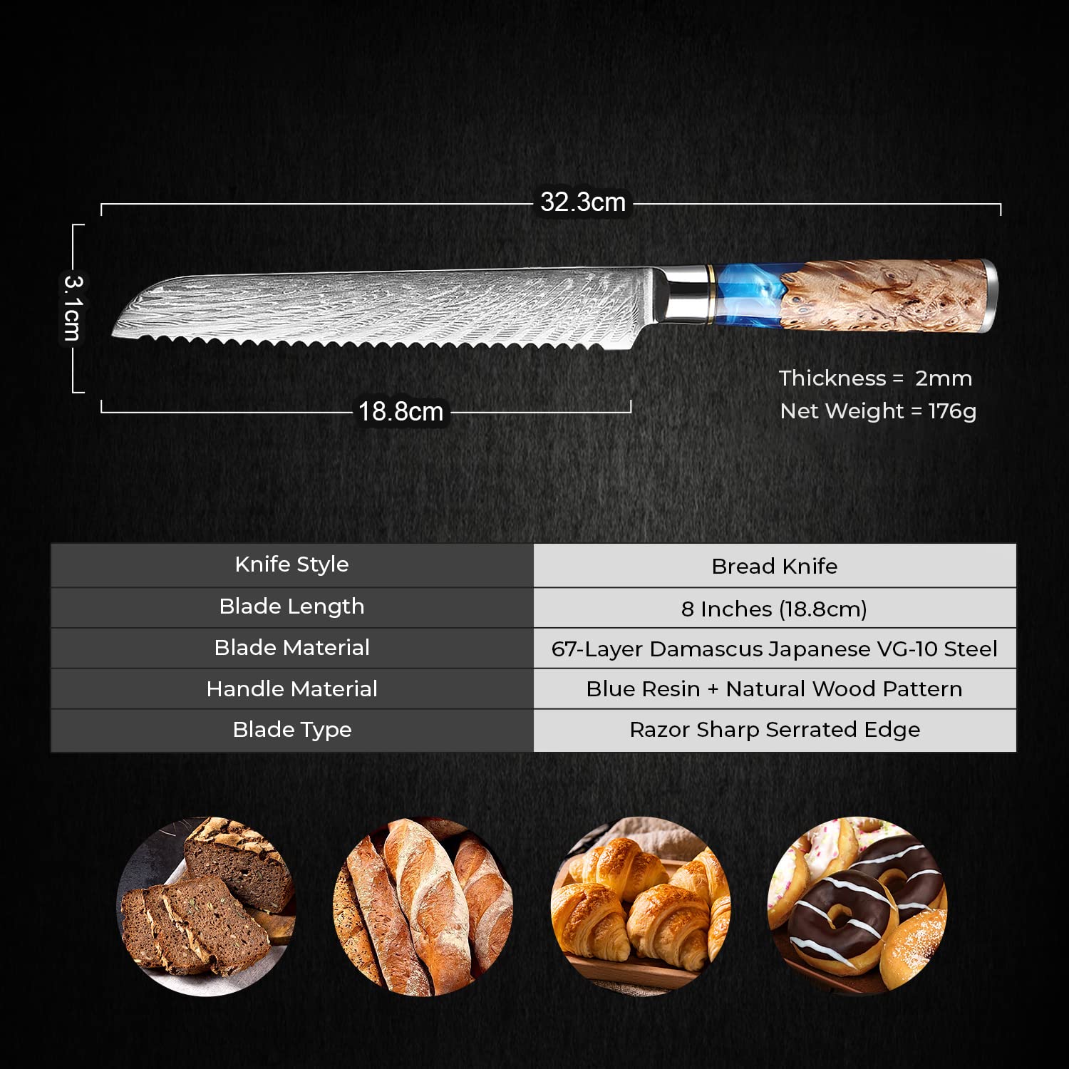 SENKEN Damascus Steel Bread Knife - Tsunami Collection - 67-Layer Japanese VG10 Steel Core - Unique Blue Resin & Natural Wood Handle, Razor Sharp, Beautiful Damascus Wave Pattern (7.5" Bread Knife)