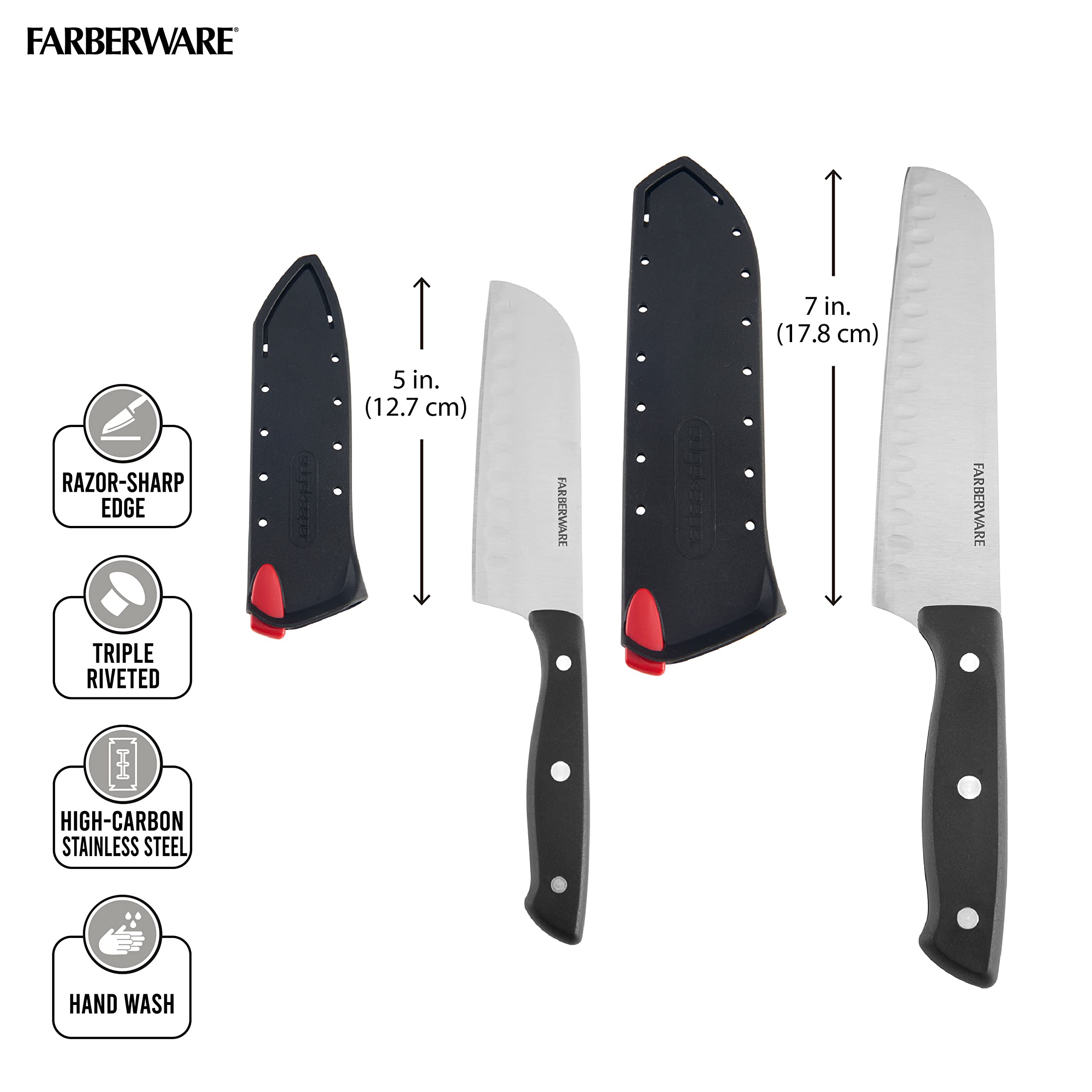 Farberware Edgekeeper Self-Sharpening Triple Riveted Santoku Knife Set, 4-Piece, Black