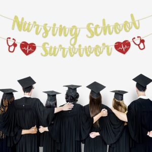 Gold Glitter Nursing School Survivor Banner, Class of 2025 RN/Earned It/Nurse Call The Shots, 2025 Nursing School Graduation Party Decorations Supplies