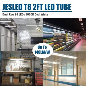 JESLED 2FT T8 LED Type A+B Tube Light, 12W(30W Equivalent), 1680LM, 6000K, Plug and Play or Ballast Bypass, 24 Inch F20T12 Fluorescent Bulb Replacement, Dual Ended, 24” Lighting Tube Fixture (4-Pack)