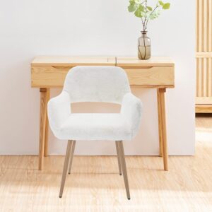 Modern Faux Fur Home Office Chair, Fluffy Chair Makeup Vanity Chair for Girl Teen Girls, Desk Chair with Armrest, Dining Chair Cute Armchair with Wood Finish Metal Legs, White