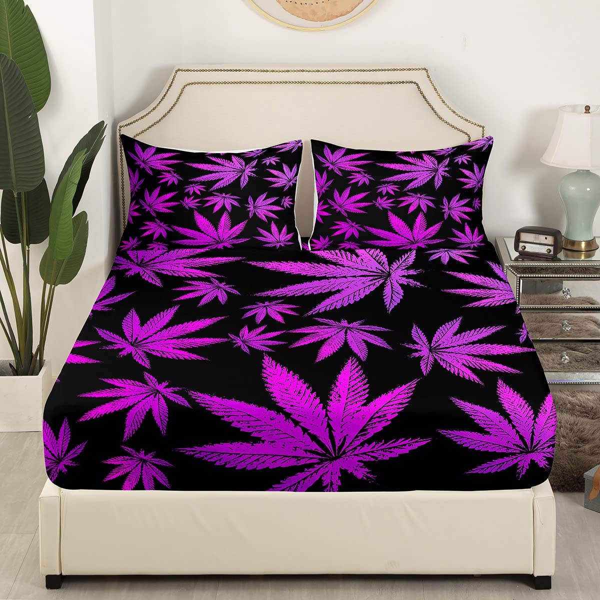 Feelyou Marijuana Leaf Bed Sheets Weed Leaf Botanical Sheet Set for Kids Men Women Adults Cannabis Leaves Bed Set Luxury Puple Hemp Sheets Room Decor 4Pcs Queen Size