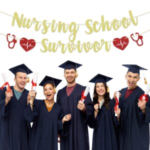 Gold Glitter Nursing School Survivor Banner, Class of 2025 RN/Earned It/Nurse Call The Shots, 2025 Nursing School Graduation Party Decorations Supplies