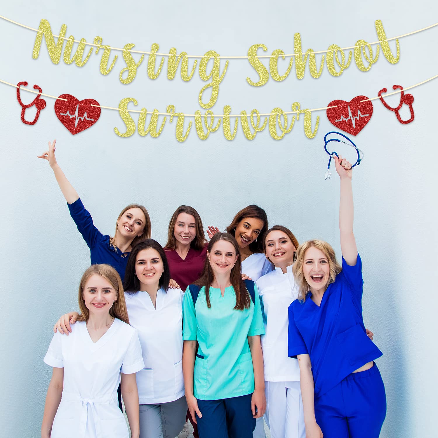 Gold Glitter Nursing School Survivor Banner, Class of 2025 RN/Earned It/Nurse Call The Shots, 2025 Nursing School Graduation Party Decorations Supplies