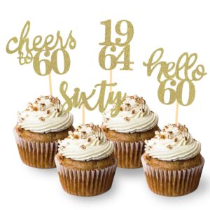 24 pcs glitter 60th birthday cupcake toppers for celebrating sixty years old birthday party decorations (gold)