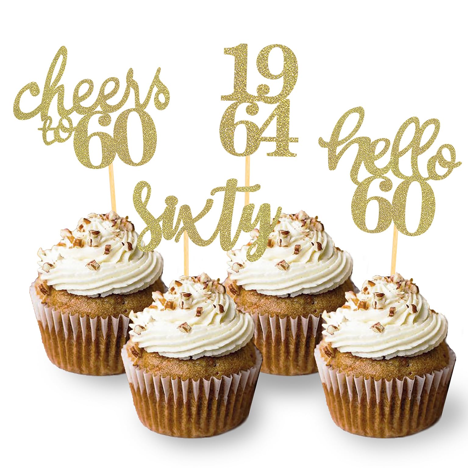 24 Pcs Glitter 60th Birthday Cupcake Toppers for Celebrating Sixty Years Old Birthday Party Decorations (Gold)