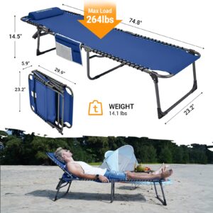 FUNDANGO Folding Outdoor Chaise Lounge Chair, 5-Position Adjustable Lounge Chair for Lawn, Patio, Beach, Sunbathing, Deck, Portable Heavy-Duty Camping Reclining Chair with Pillow, Blue