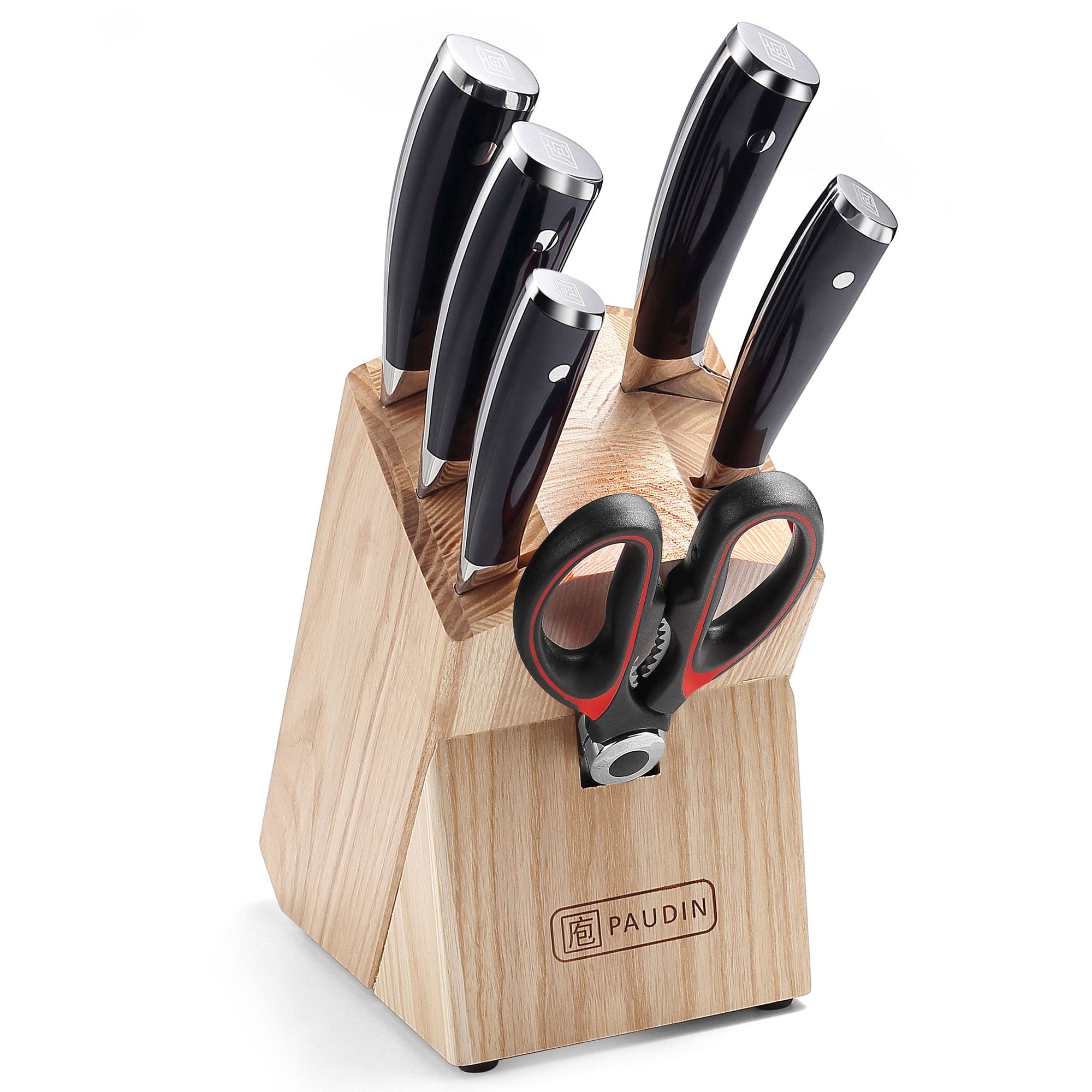 PAUDIN Knife Set with Block, 7-Pieces Knife Sets for Kitchen with Block, Razor-Sharp Chef Knife Set with Kitchen Scissor, High Carbon Stainless Steel Kitchen Knife Set with Full Tang Handle