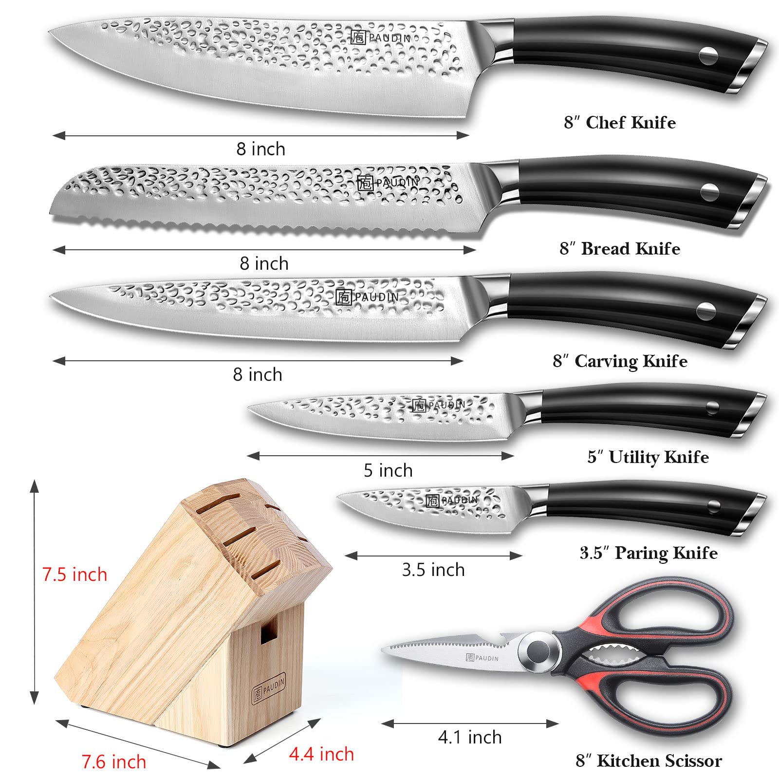 PAUDIN Knife Set with Block, 7-Pieces Knife Sets for Kitchen with Block, Razor-Sharp Chef Knife Set with Kitchen Scissor, High Carbon Stainless Steel Kitchen Knife Set with Full Tang Handle