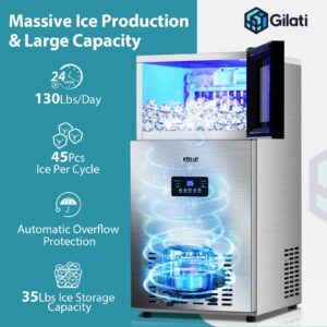 Upgraded Commercial Ice Maker Machine 130LBS/24H with 35LBS Storage Bin,15Inch Wide Ready in 11-20 Mins Under Counter/Freestanding Stainless Steel Gravity Drainage Large Ice Machine