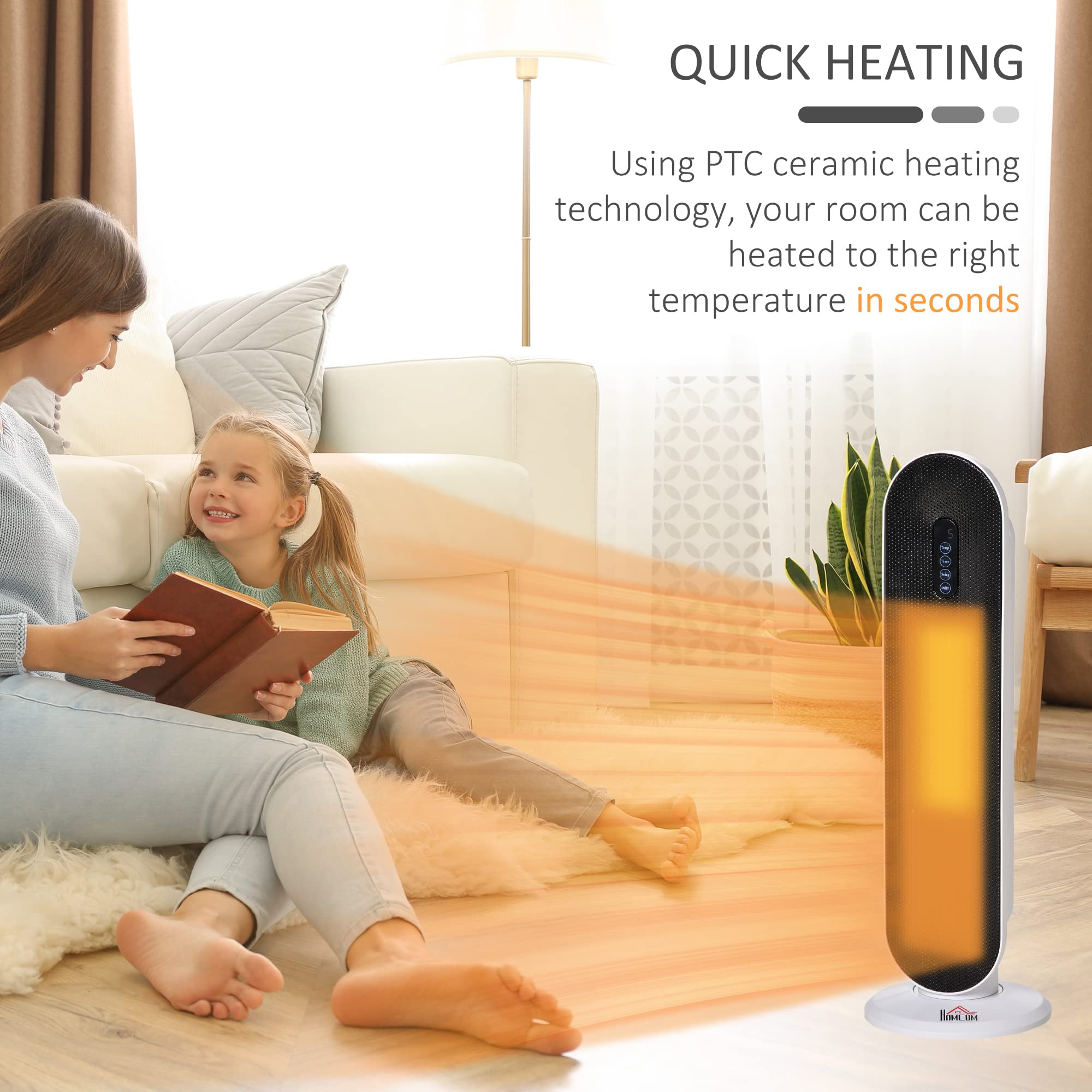 HOMCOM Ceramic Space Heater, Indoor Tower Heater with 45 Degree Oscillation, Remote Control, 24H Timer, Tip-Over and Overheating Protection, 1500W/1000W