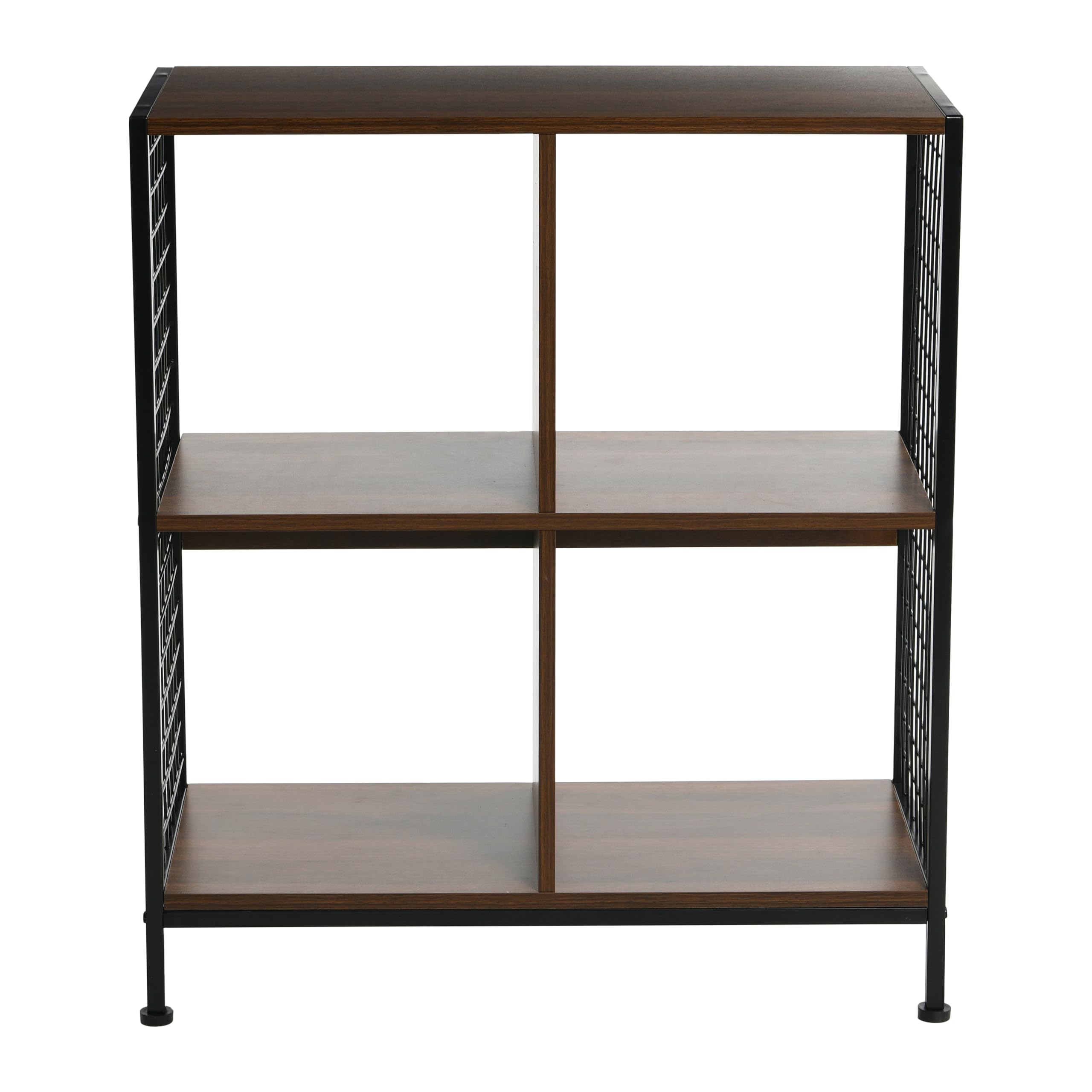 Household Essentials Trellis Open Storage Bookshelf with 4 Cube Compartments Mid Century Walnut Wood Grain and Black Metal