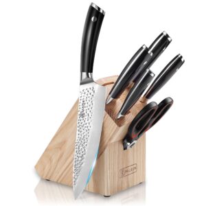 paudin knife set with block, 7-pieces knife sets for kitchen with block, razor-sharp chef knife set with kitchen scissor, high carbon stainless steel kitchen knife set with full tang handle