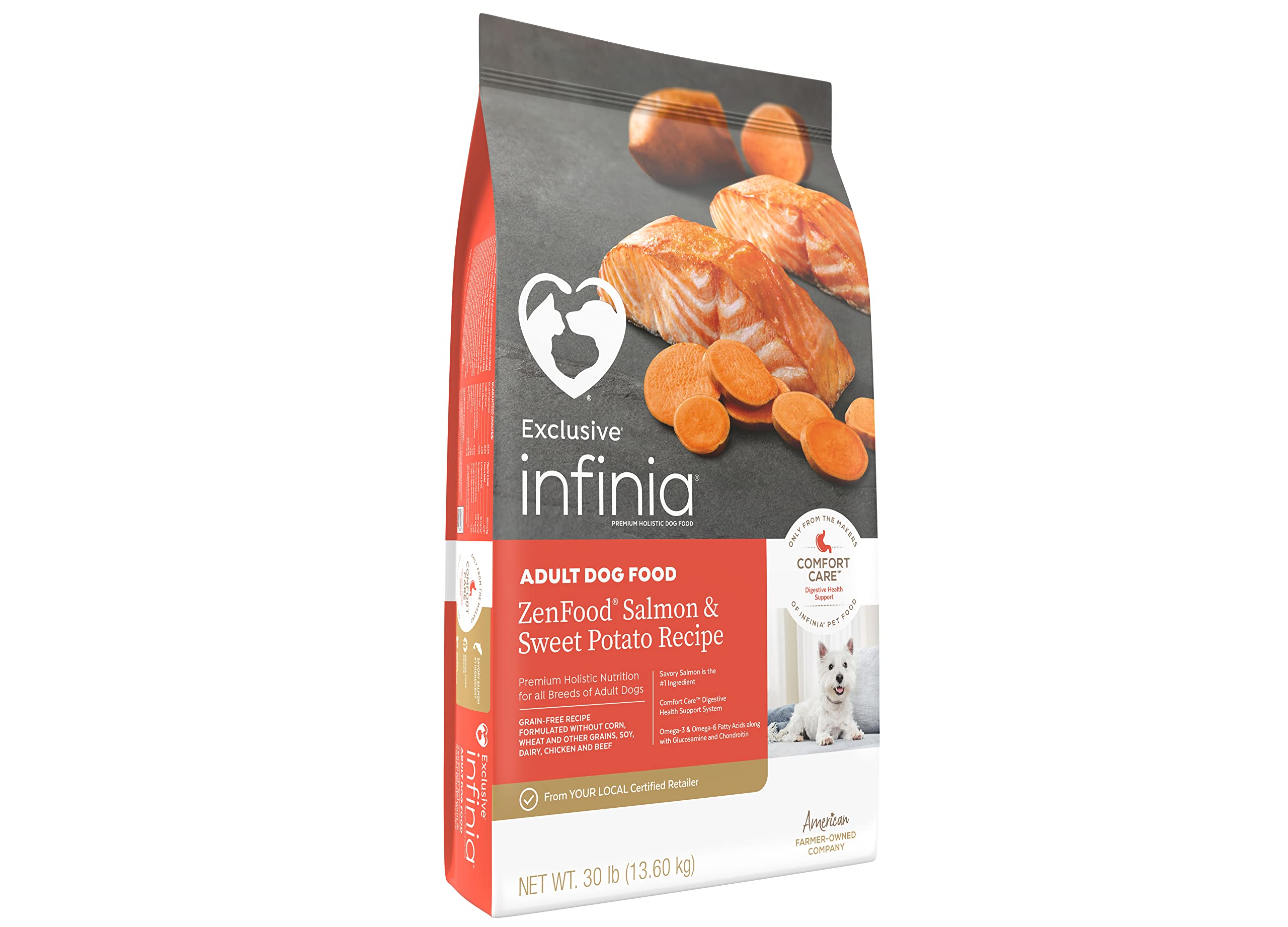 Infinia | Grain Free Adult Dog ZenFood Salmon & Sweet Potato Comfort Care Digestive Health Blend Dog Food | 30 Pound (30 LB) Bag