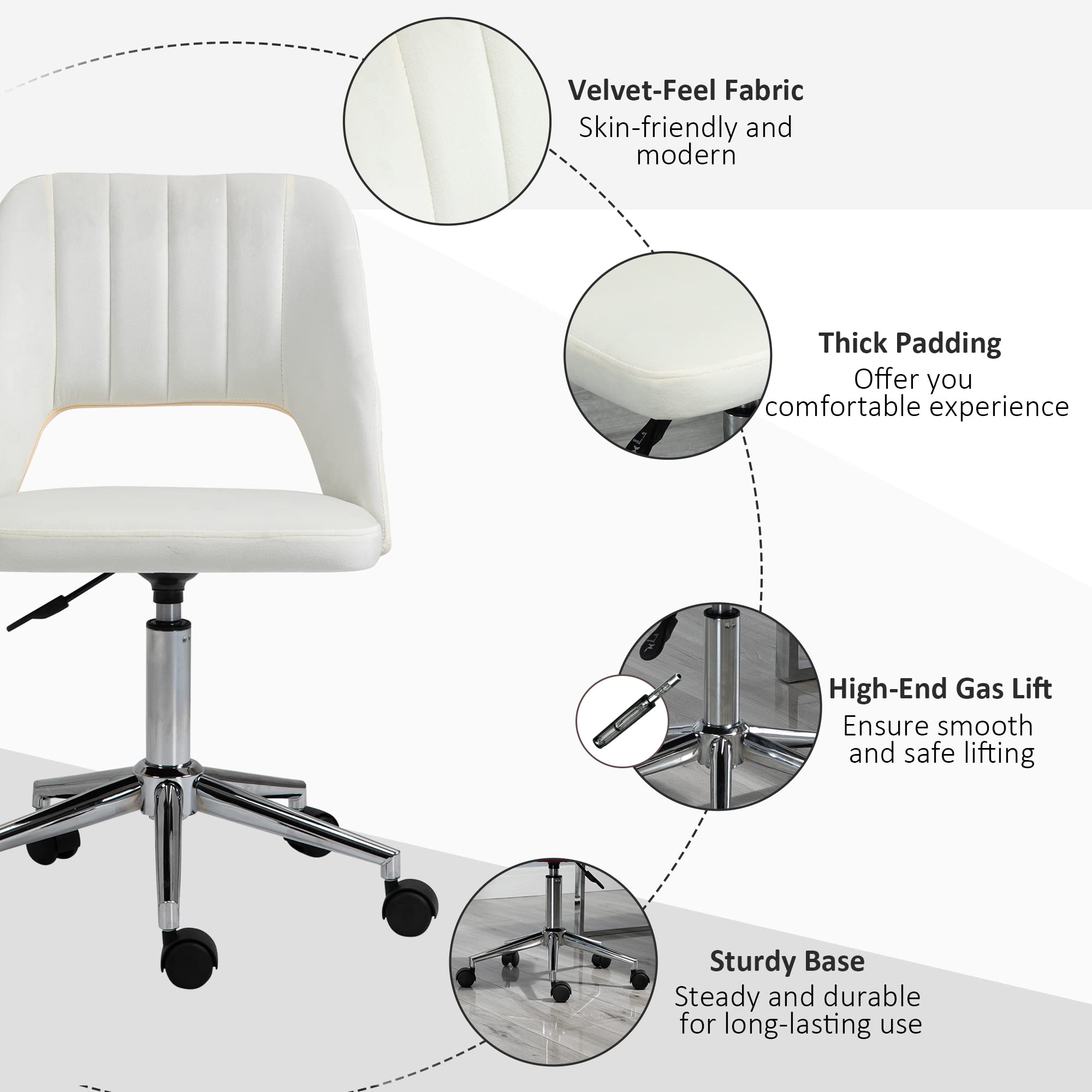 Vinsetto Modern Mid Back Office Chair with Velvet Fabric, Swivel Computer Armless Desk Chair with Hollow Back Design for Home Office, Cream White