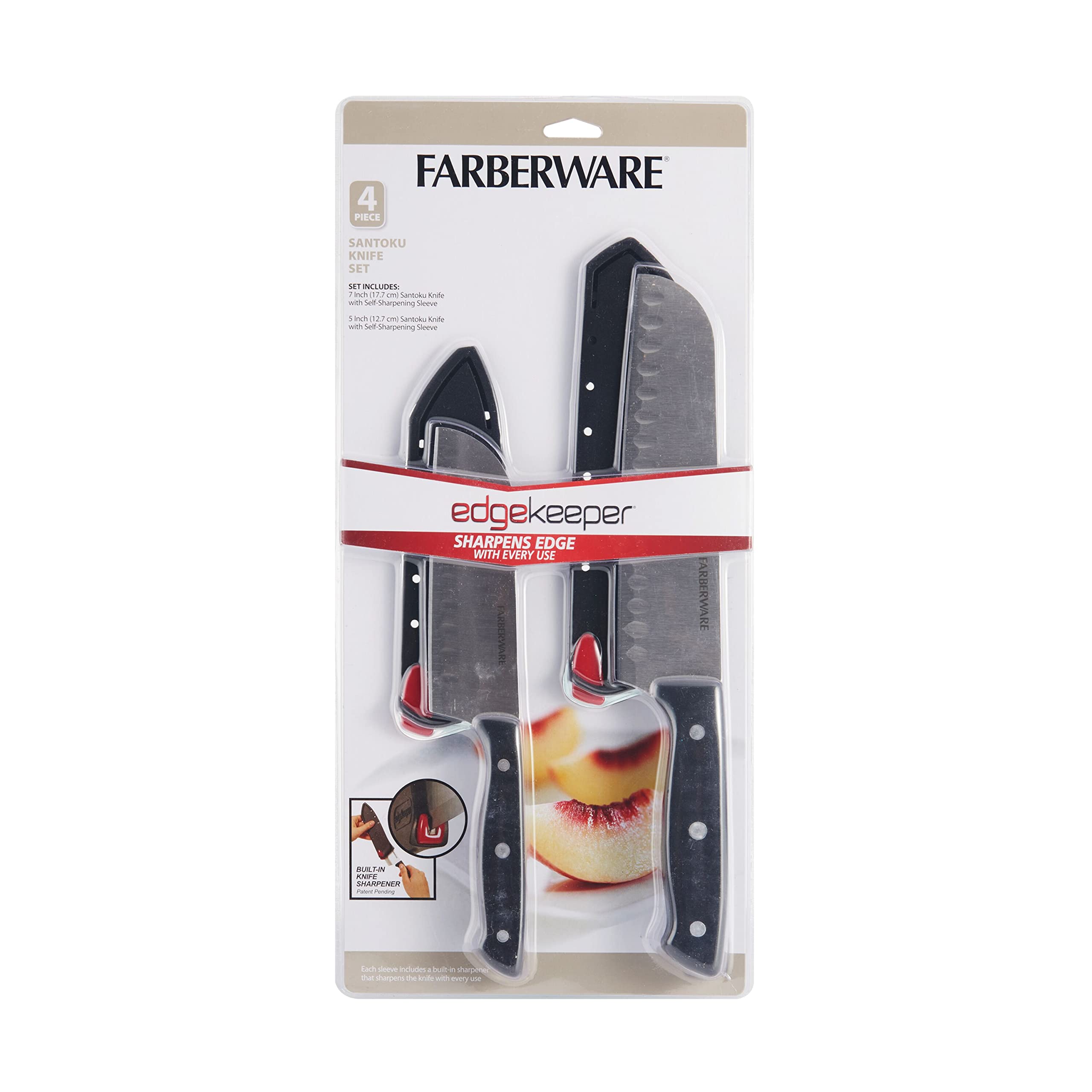 Farberware Edgekeeper Self-Sharpening Triple Riveted Santoku Knife Set, 4-Piece, Black