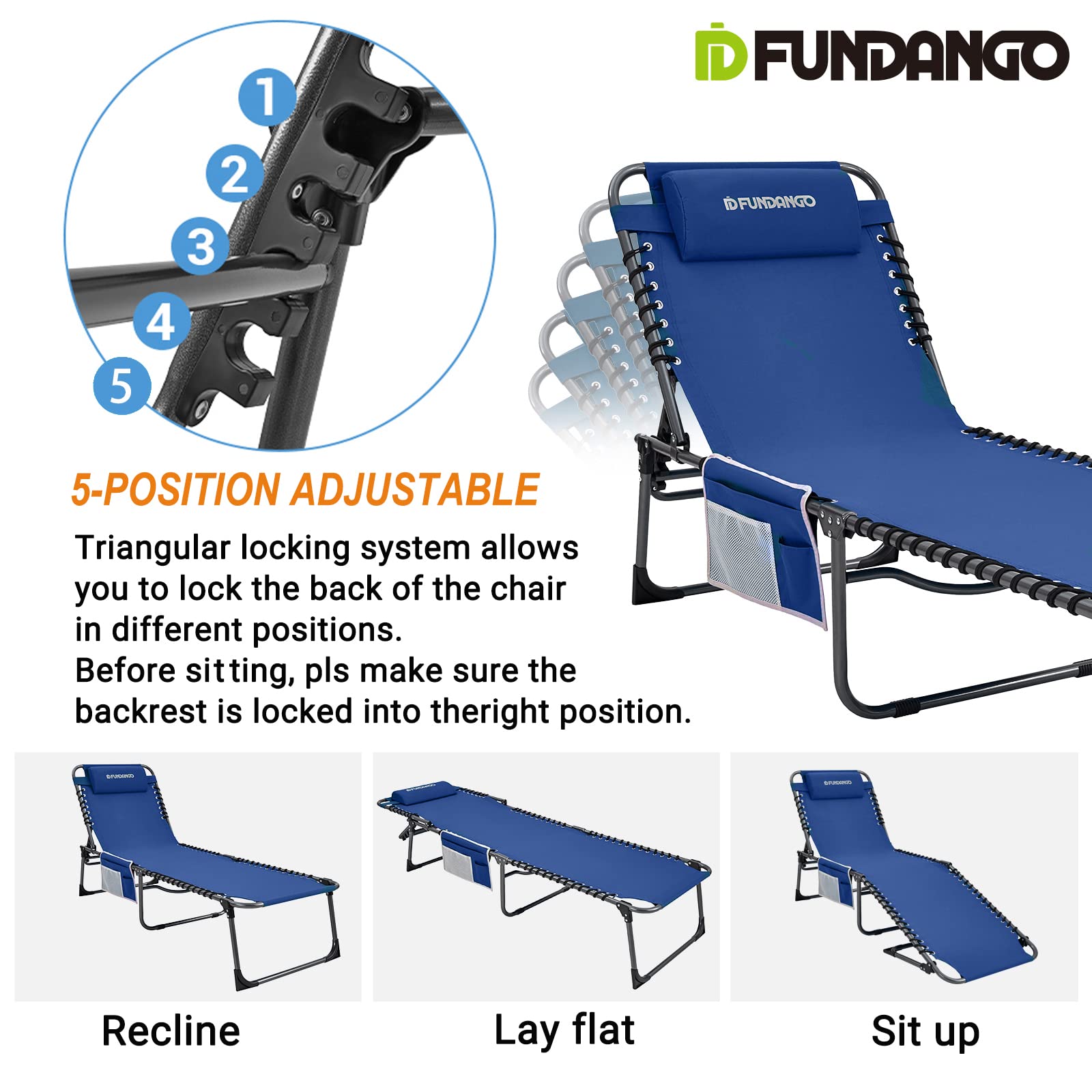 FUNDANGO Folding Outdoor Chaise Lounge Chair, 5-Position Adjustable Lounge Chair for Lawn, Patio, Beach, Sunbathing, Deck, Portable Heavy-Duty Camping Reclining Chair with Pillow, Blue