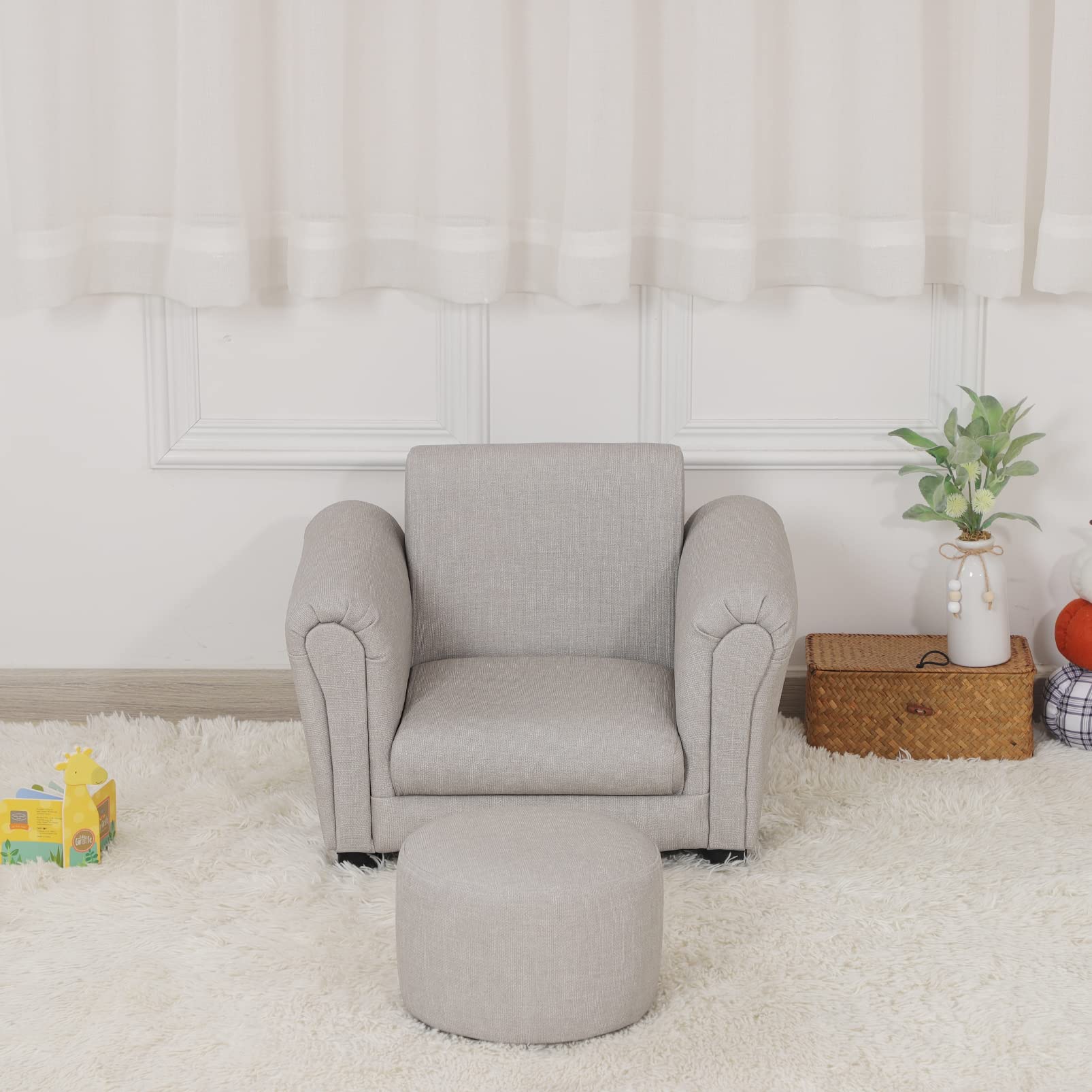 Getifun Kids Sofa Chair with Footstool/PVC Leather Toddler Single Couch with Plastic Legs/Upholstered Children Armchair for Kids Under 4 Years Old (Light Gray)