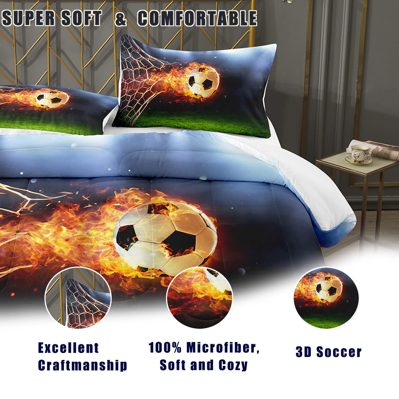 Bodhi Boys Soccer Comforter Set Twin,Sports Bedding Set Twin for Boys Teen Kids,Teen Boy Comforter Set with Matching Pillowcases,Kids Football Bedding Set Twin Size