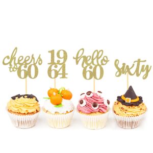 24 Pcs Glitter 60th Birthday Cupcake Toppers for Celebrating Sixty Years Old Birthday Party Decorations (Gold)