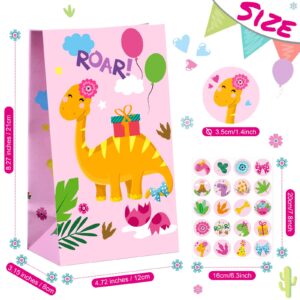 24 Pieces Dinosaur Party Bags Dino Candy Favor Bags with Stickers Pink Goodie Treat Gift Bags for Kids Girls Dinosaur Birthday Party Supplies Decorations